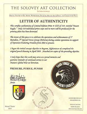 Letter of Authenticity Sample for "Desert Eagles"