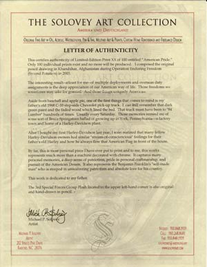 Letter of Authenticity Sample for "American Pride"